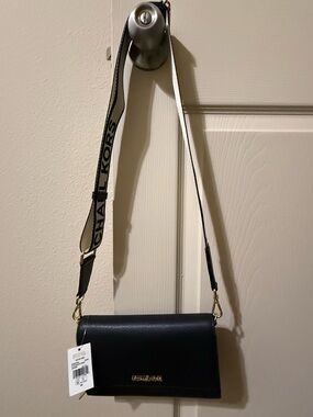 Michael Kors Black Leather Crossbody with Logo Jacquard Strap